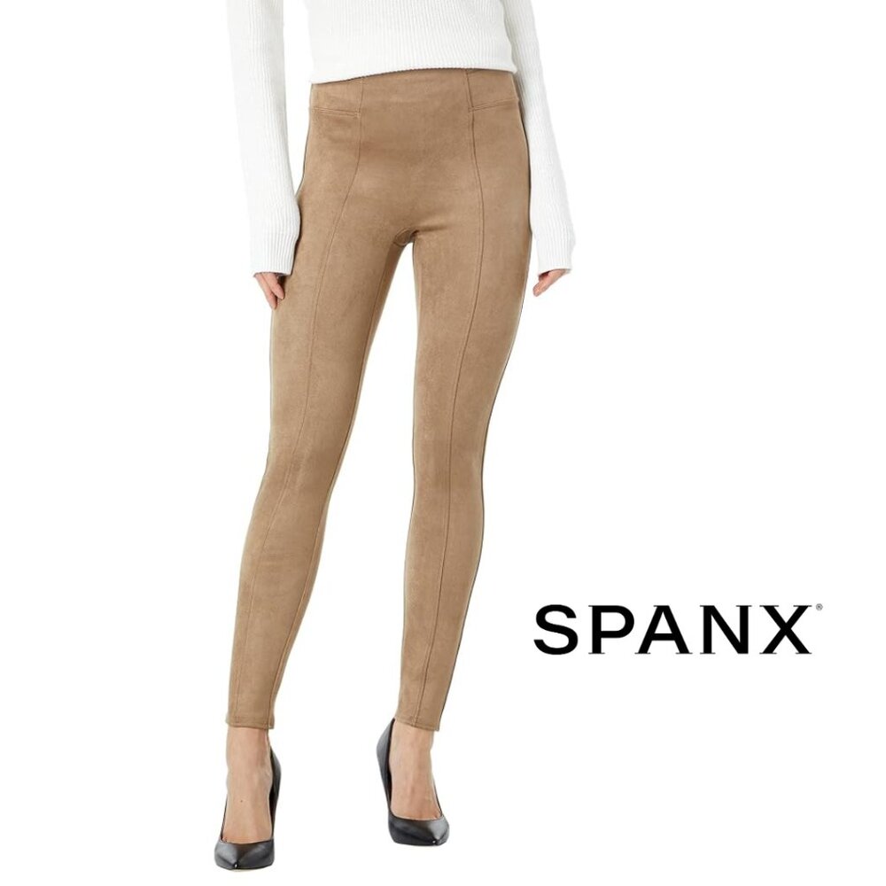 Spanx Faux Suede Leggings Camel Tan Brown Minimalist Shapewear Neutral Career
